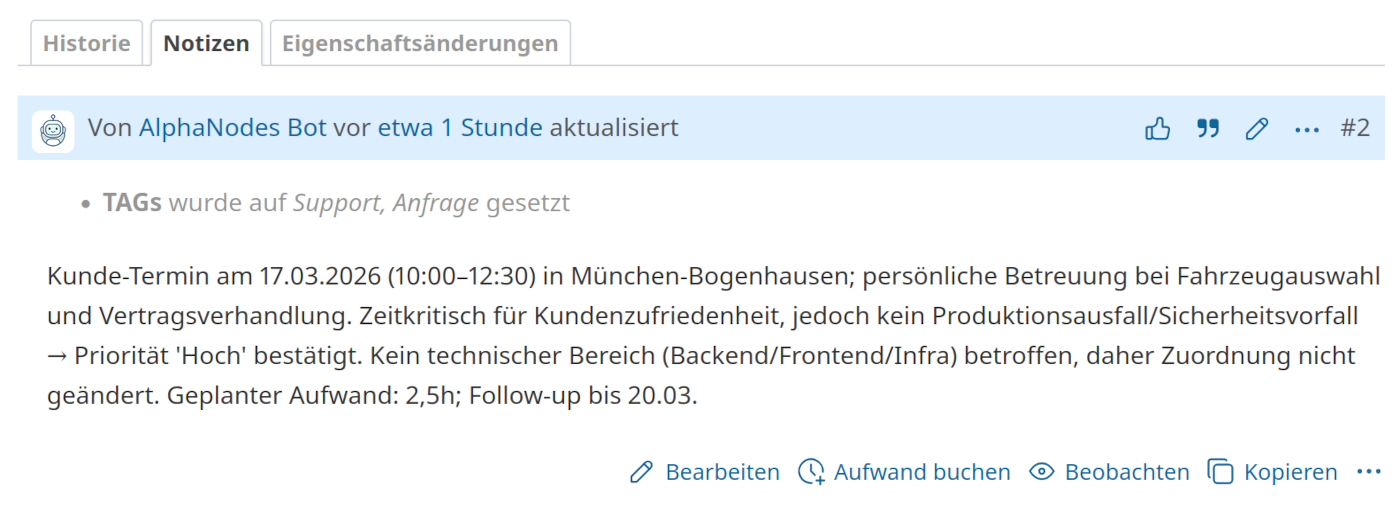 Redmine Automation Plugin - KI Aktionen mögliches Ergebnis