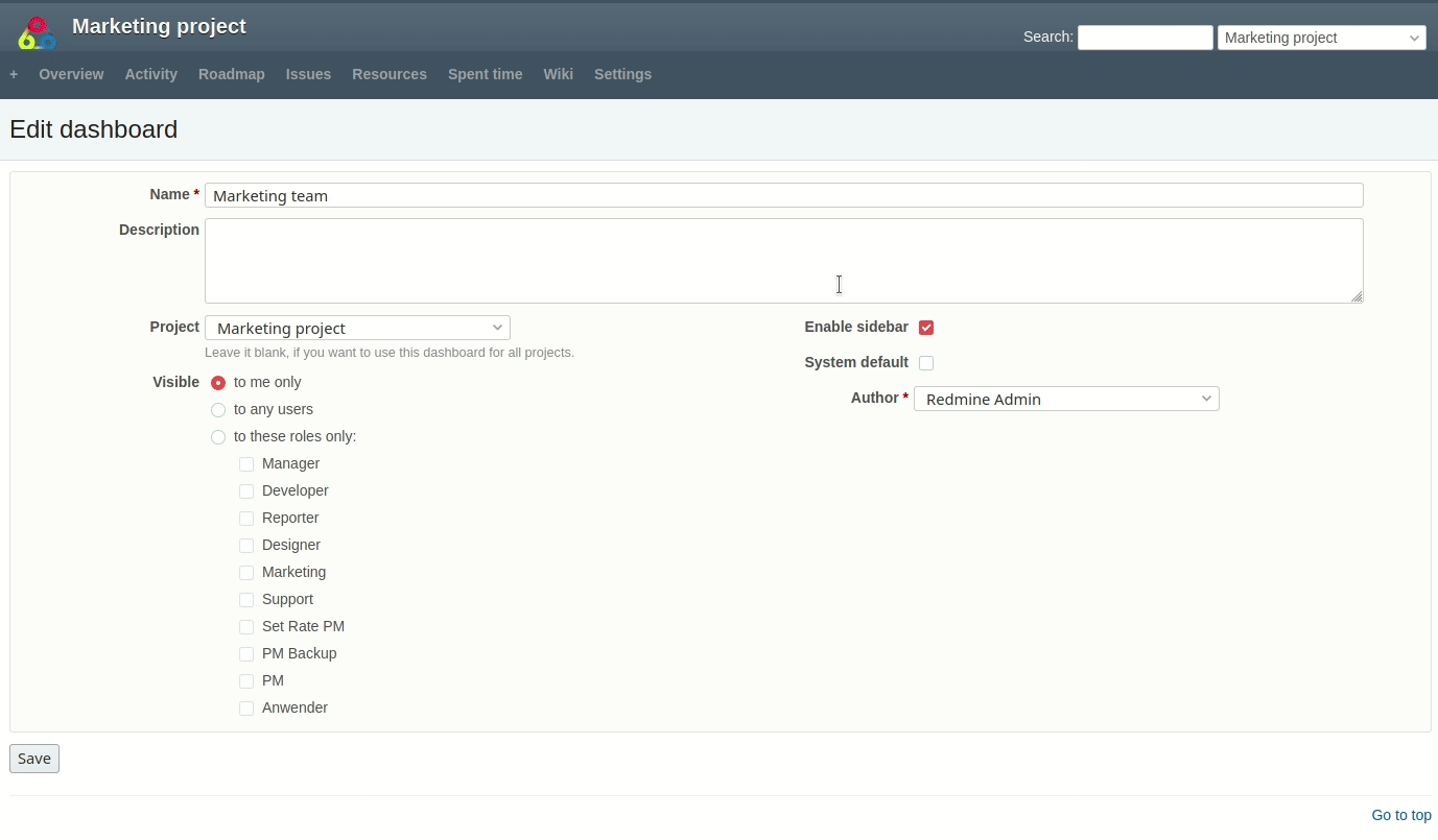 Redmine Dashboard Support