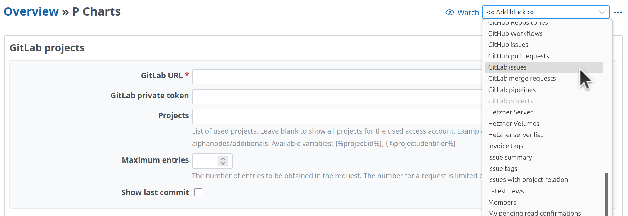 Redmine project overview with the Add block list and the configuration of the GitLab projects block