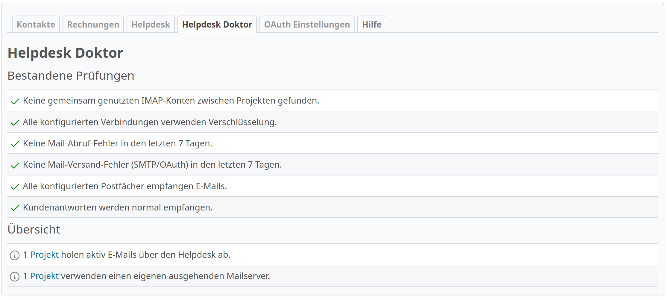 Helpdesk Doctor in der Plugin-Konfiguration des ServiceDesk Plugins mit bestandenen Prüfungen