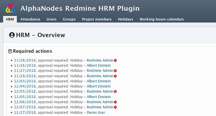 Redmine HRM Plugin Attendance area of the user