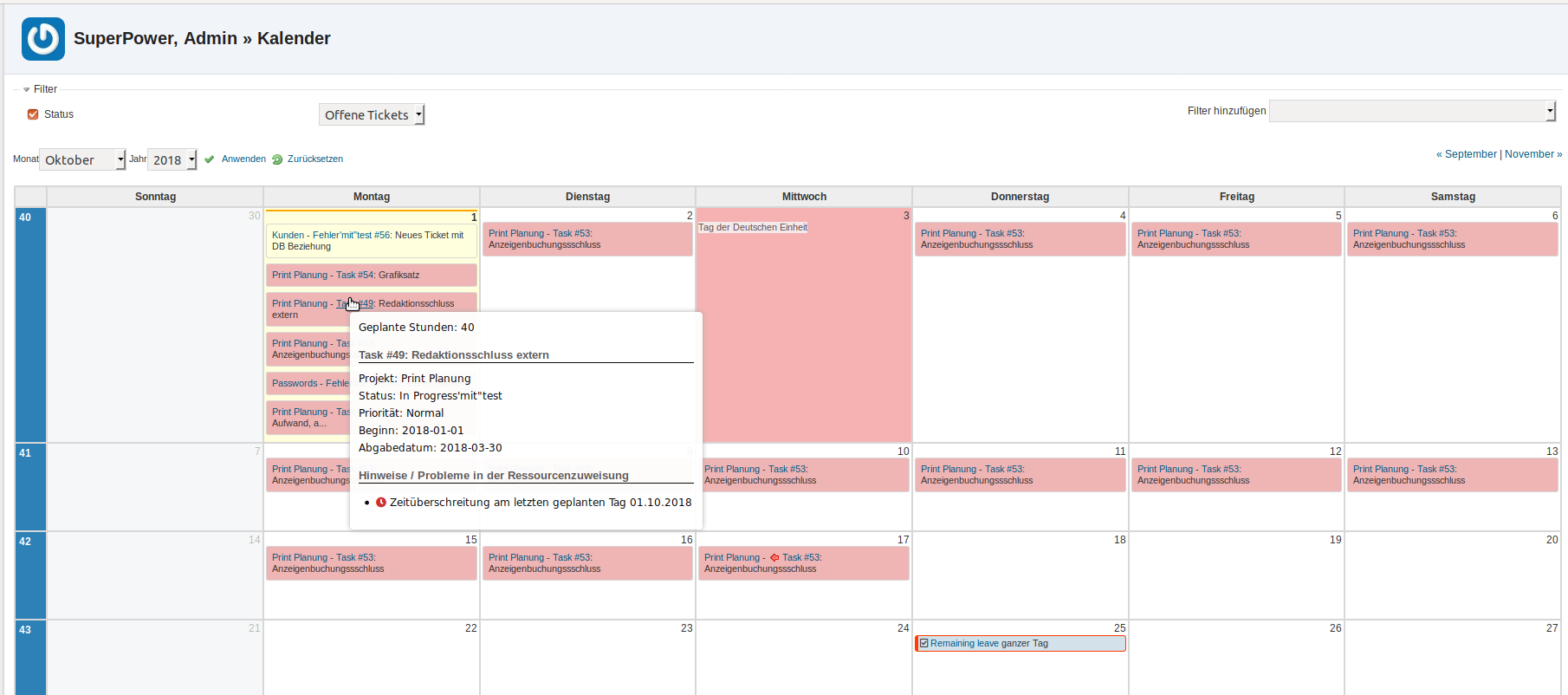 Redmine HRM user calendar