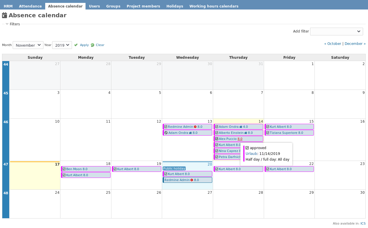 Redmine HRM Absence Calendar