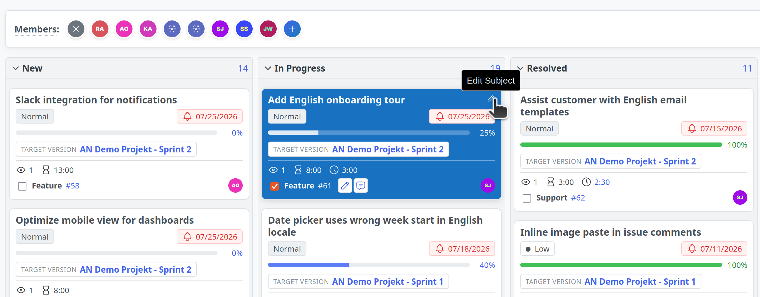 Kanban Board des Redmine Reporting Plugins