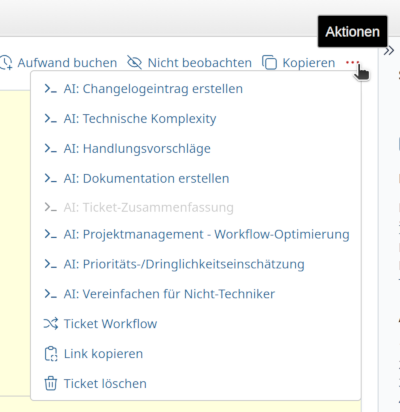 Vordefinierte KI-Prompts im Aktionsmenü eines Redmine-Tickets