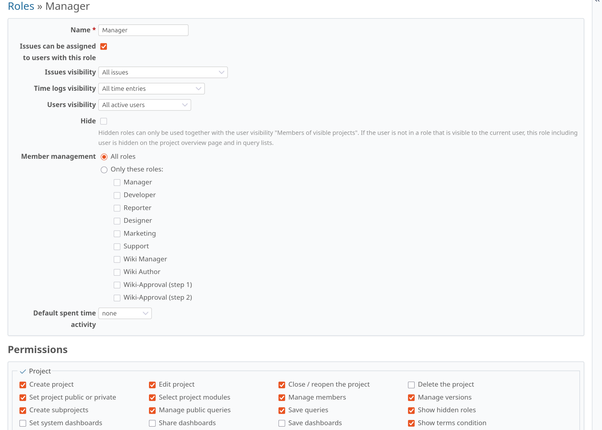 Redmine role configuration: project-specific permissions like edit project and manage members in the Manager role