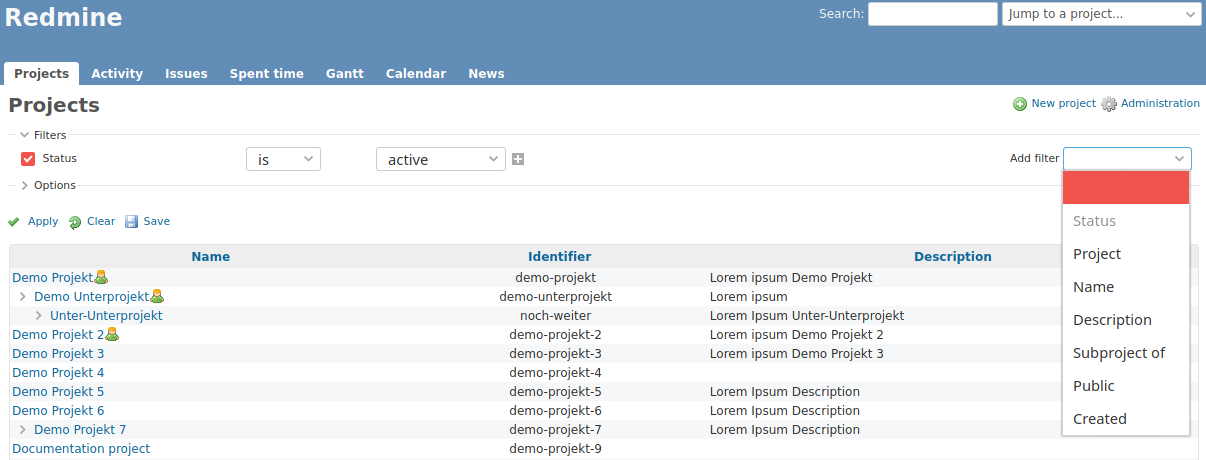 Redmine standard filter for project list