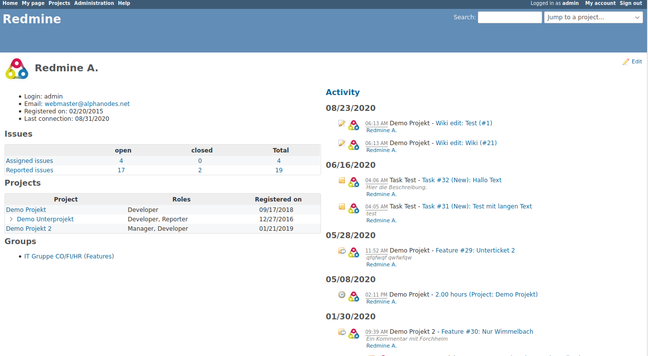 Redmine user profile