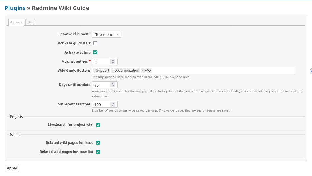 Redmine Wiki Guide Plugin Settings