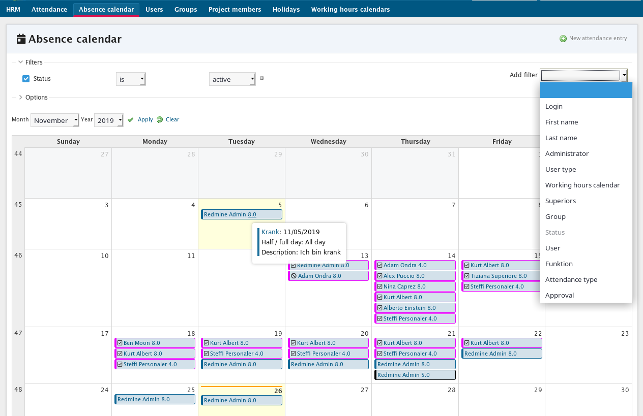 Vacation planning via absence calendar