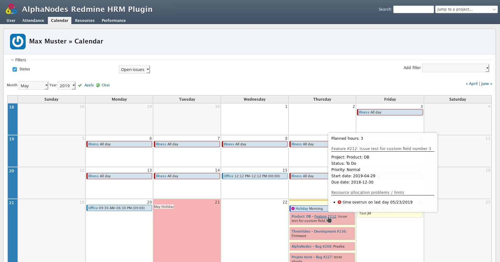 Redmine HRM Plugin user calendar