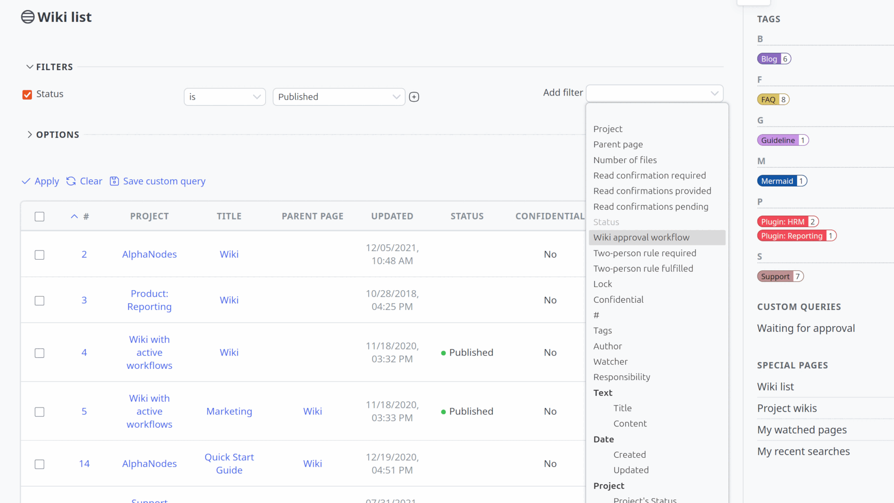 La lista wiki con filtro de estado y la lista abierta de más filtros como flujo de aprobación y doble verificación